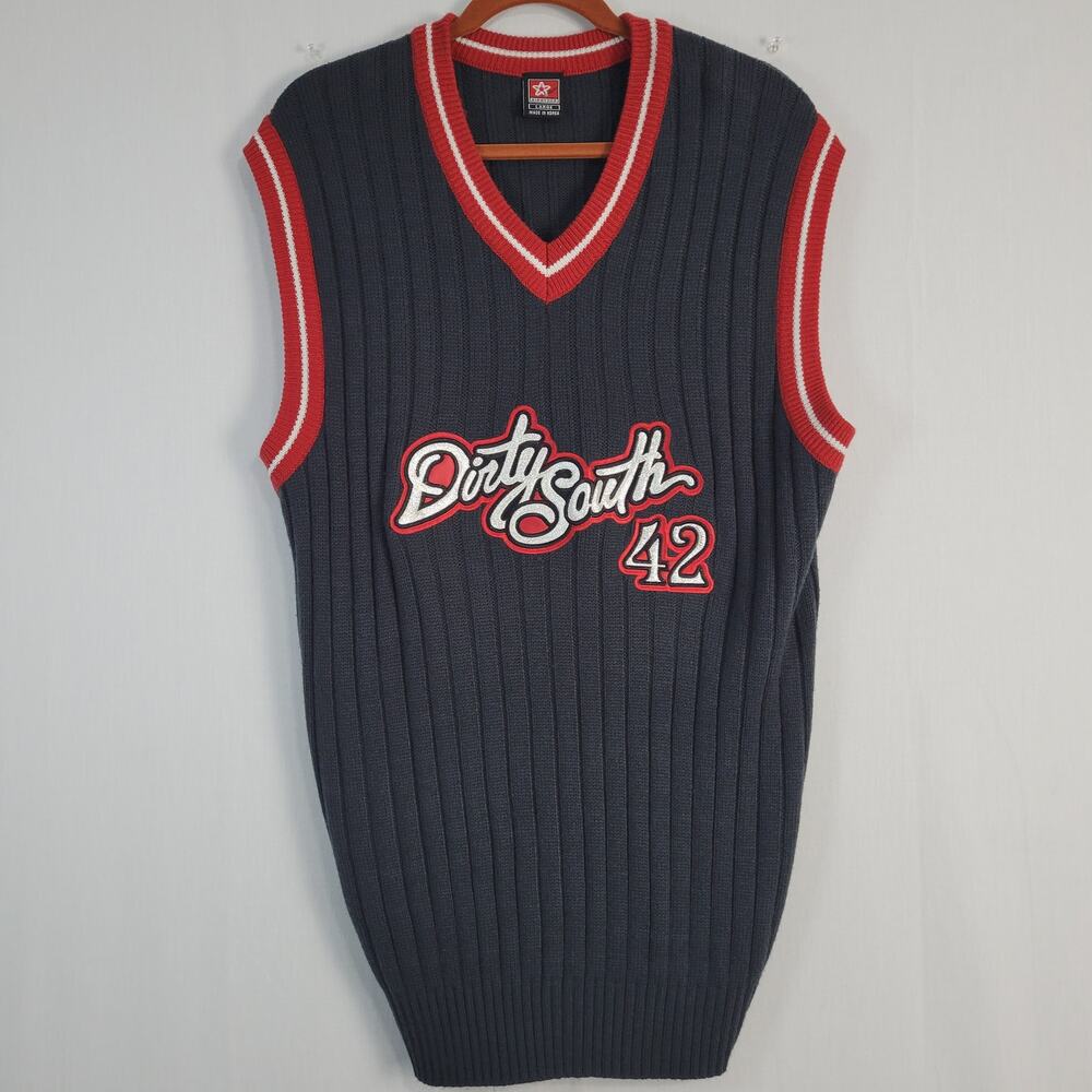 Vintage V-neck Dirty South 42 Pullover Sweater Vest men's size L Black Red Y2K